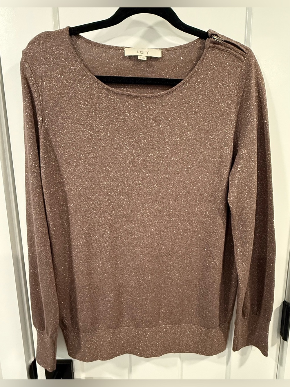 LOFT Metallic Gold Crewneck Sweater with Shoulder Detail